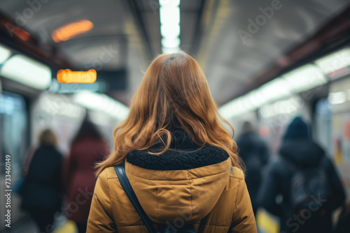 Back view of woman standing at busy subway with blurred background. Generative AI