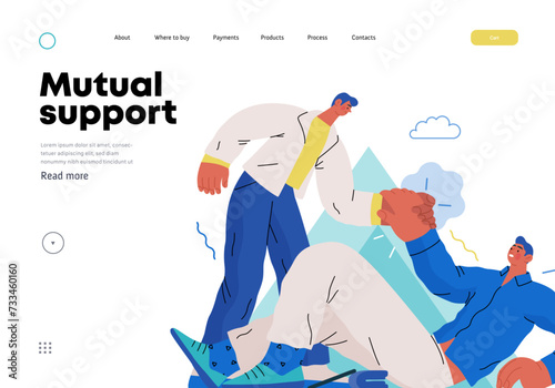 Mutual Support: Helping a fallen person get up -modern flat vector concept illustration of man assisting another man to stand up A metaphor of voluntary, collaborative exchanges of resource, services