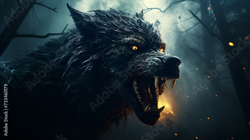 Werewolf howling at the moon eerie forest, full moon, silhouette of a werewolf, haunting atmosphere