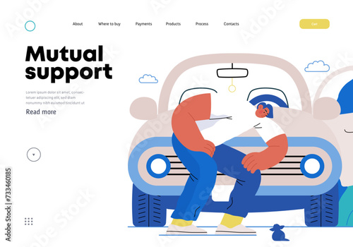 Mutual Support: Adopting a stray animal -modern flat vector concept illustration of man stopping his car for a kitten on the road A metaphor of voluntary, collaborative exchanges of resource, services