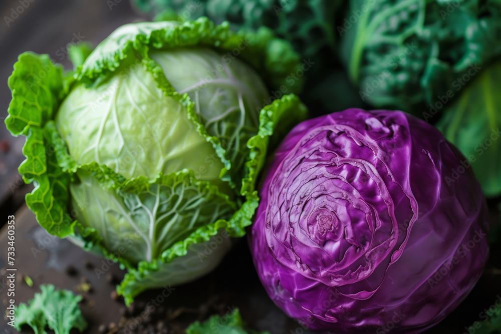 Obraz premium Fresh organically grown green and red cabbage. Healthy and diet concept. Generative AI
