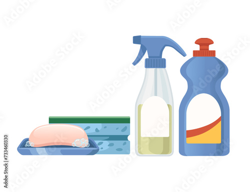 Households chemical liquid in plastic bottle with and sponge vector illustration isolated on white background
