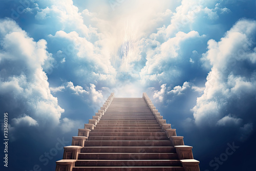 Brown stairway with steps leads to bright sky with clouds and light photo