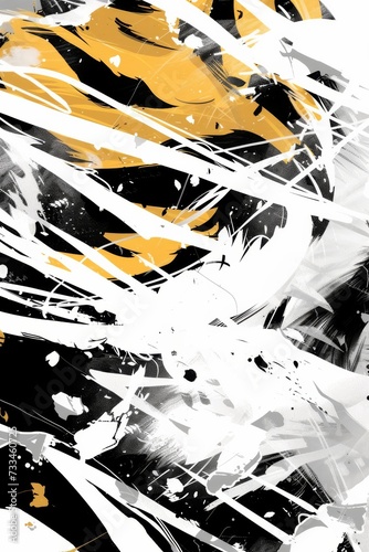 A vibrant and dynamic modern art piece bursting with energy, featuring a striking combination of bold black and yellow paint splatters in a unique anime-inspired style