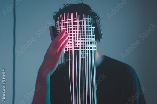 A musical being, hidden behind a glowing mask and headphones, immerses himself in a world of sound and art photo
