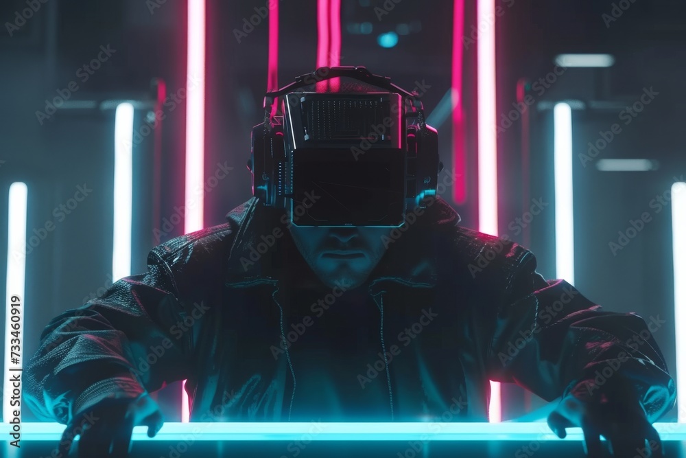 A fashion-forward individual immerses themselves in a digital world, illuminated by a vibrant combination of blue and pink hues from a nearby lamp, creating a mesmerizing indoor scene A fashion-forward individual immerses themselves in a digital world, illuminated by a vibrant combination of blue and pink hues from a nearby lamp, creating a mesmerizing indoor scene