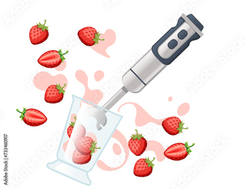 Handheld blender with fresh strawberry household electrical kitchen equipment for blending and mixing vector illustration isolated on white background
