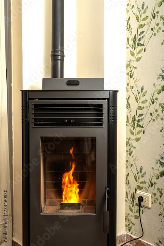 Vertical image of a pellet stove with a beautiful flame inside a living room of a house. Renewable energy source. Biomass in pellet form. Green energy.
