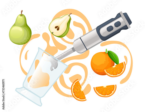 Handheld blender with fresh pear and orange household electrical kitchen equipment for blending and mixing vector illustration isolated on white background