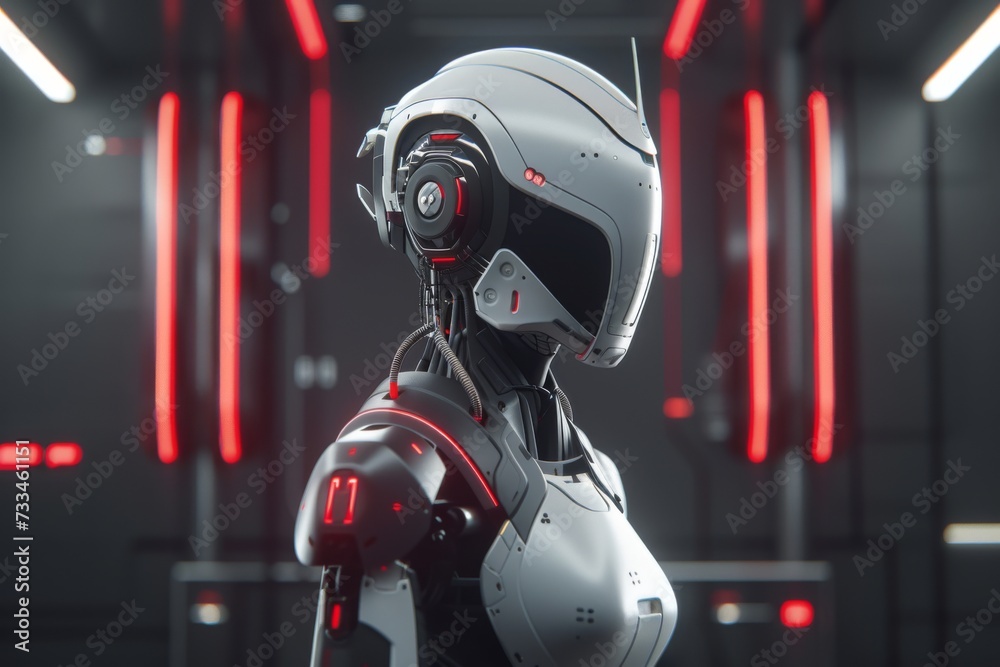 A solitary robot stands illuminated by the fiery glow of red lights, its helmet reflecting the eerie ambiance of its confined surroundings A solitary robot stands illuminated by the fiery glow of red lights, its helmet reflecting the eerie ambiance of its confined surroundings