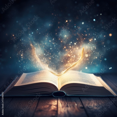 Open book with light rays coming out of the pages, fantasy concept