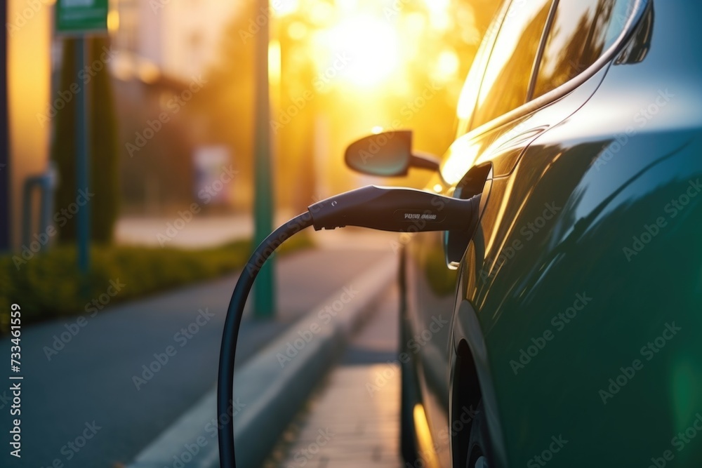Electric car charger with female silhouette entering home
