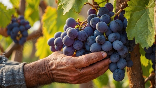 Close-up photo of a farmer's hand inspecting grape produce