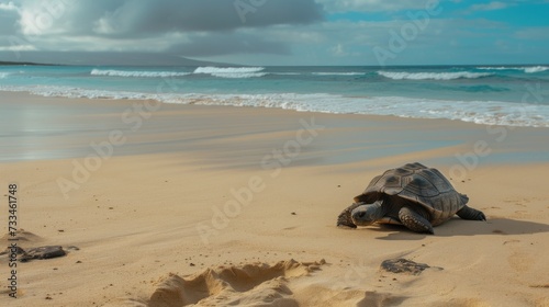 Slow and Steady Tortoise Enjoying a Sandy Beach AI Generated.