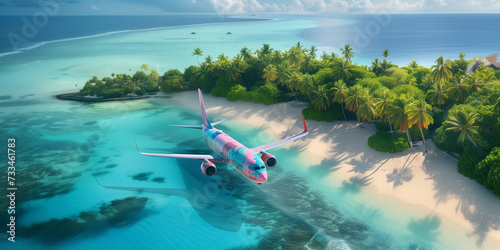 Summer Holiday Aerial Travel: Colorful Airplane Overflies a Lush Tropical Island with Turquoise Ocean and White Sandy Beach