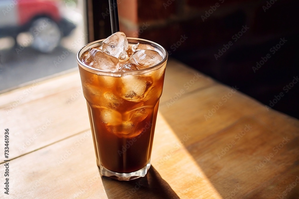 Iced coffee in a glass with ice cubes with sunlight on a wooden table in coffee shop Iced coffee in a glass with ice cubes with sunlight on a wooden table in coffee shop