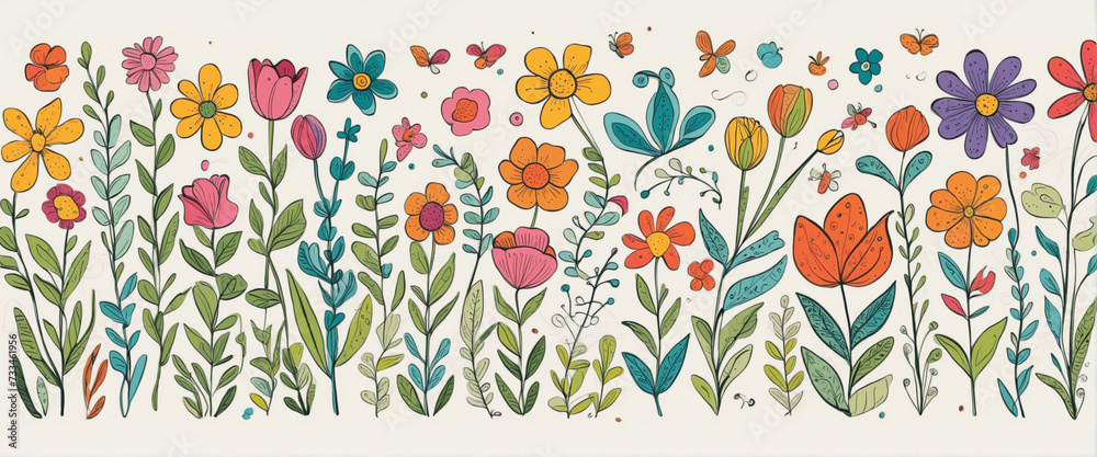 Abstract colorful flower drawing illustration set. Funny children art style floral doodle cartoon collection, hand drawn basic nature shapes on isolated background.