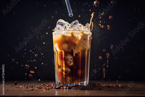 Ice coffee with splash and ice cubes with straw on wooden table, dark background