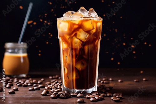 Iced coffee with milk in glass and coffee beans on wooden table