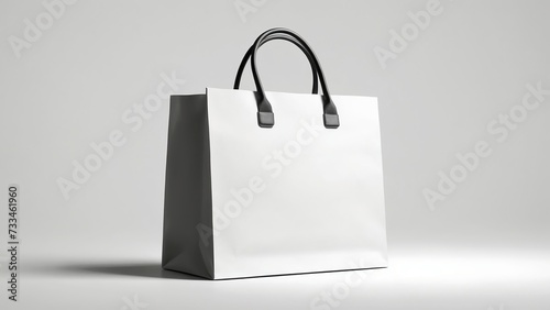 A white shopping bag with black handles sits on a white surface in front of a white background. The bag is facing the camera and there is a small shadow beneath it.