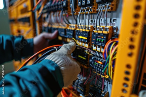Electrician engineer tests voltage and current in electrical cabinet.