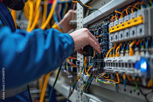 Electrician engineer tests voltage and current in electrical cabinet.