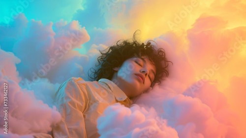 Young female sleeping on a pillow made of soft clouds. Air dreams. Soft heavenly bed photo