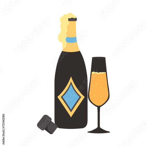 Open bottle of champagne and glass on white background