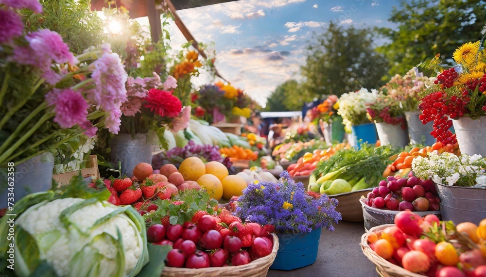 Fruits and vegetables for sale at a farmers market in the summer Fruits and vegetables for sale at a farmers market in the summer