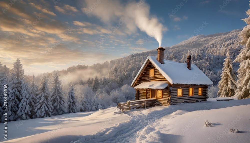 Winter mountain landscape with snow covered house and smoking chimney at sunset