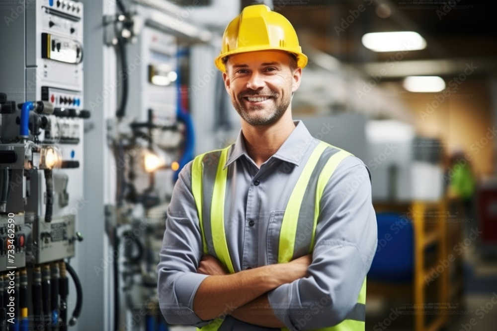 Happy man in control room, electrical substation inspection Happy man in control room, electrical substation inspection
