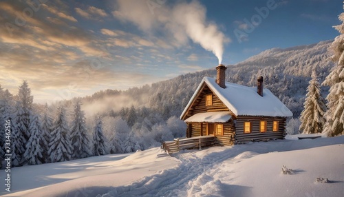Winter mountain landscape with snow covered house and smoking chimney at sunset