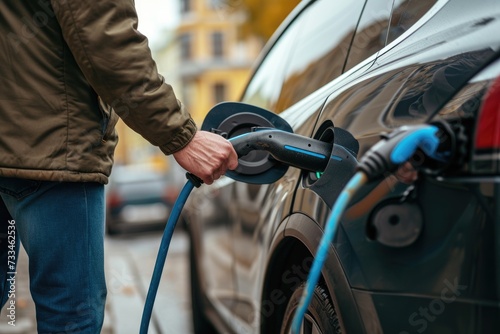 Man charging electric car with cable