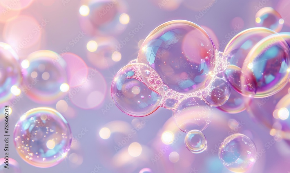 Soft pastel backdrop in pink and lavender hues adorned with myriad soap bubbles, evoking a sense of purity and weightlessness. Perfect for themes of cleanliness and serenity