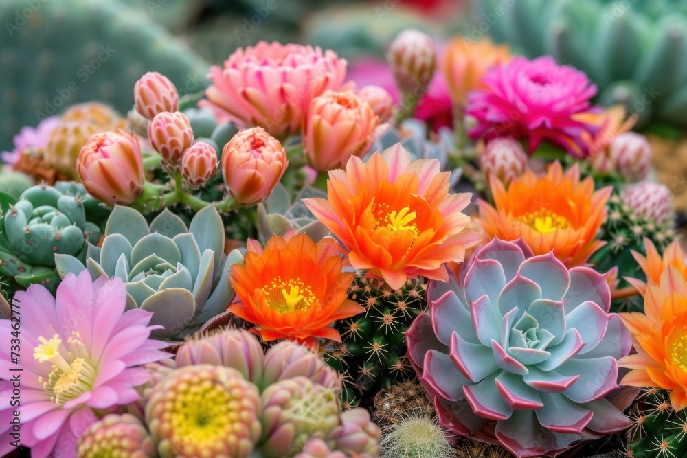 Fototapeta premium blooming bright colorful succulent plants and cacti on display in the garden