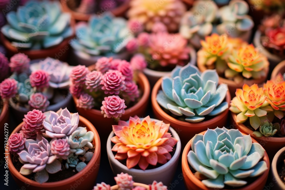 blooming bright colorful succulent plants and cacti on display