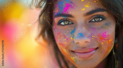 The charming Indian woman surrounded by the vibrant colors of Holi is mesmerizing. Her graceful form, infectious smile and deep gaze embody the spiritual vibrancy of the festival
