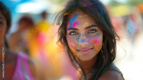 Among the riot of colors of Holi  a captivating Indian girl captivates. Her flawless contours  radiant smile and soulful eyes reflect the spiritual resonance of the festival