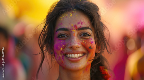 The charming Indian beauty radiates joy amid the bright colors of Holi. Her graceful forms, infectious smile and spiritual gaze personify the spiritual essence of the festival