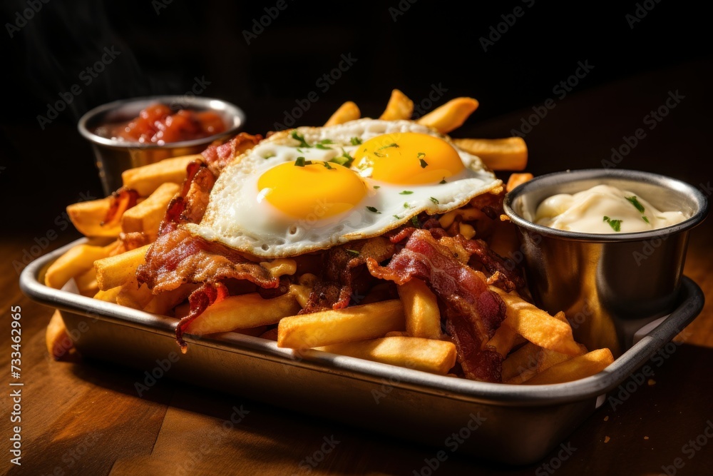 Close-up shot of a mouth-watering meal in a box: fries, egg, and crispy fried chicken topped with bacon. Perfect for food blogs and restaurant menus Close-up shot of a mouth-watering meal in a box: fries, egg, and crispy fried chicken topped with bacon. Perfect for food blogs and restaurant menus