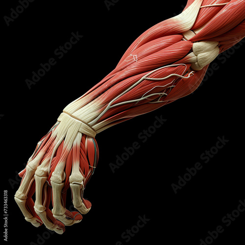 A detailed representation of the muscles of a man's forearm of complexity and strength from this anatomical region. 3D muscular forearm design. photo