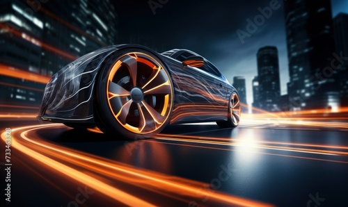 The intriguing composition of a car tire moving forward along dazzling energy paths symbolizes futuristic innovation and renewable energy production. Ideal for technology-themed designs © Jam