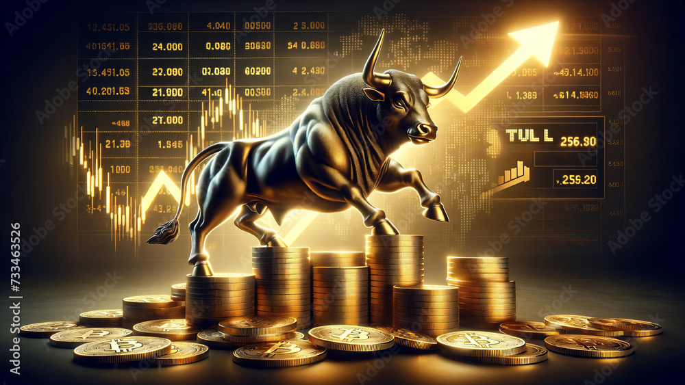 Bull Market Surge with Golden Bitcoin Coins - obrazy, fototapety, plakaty 