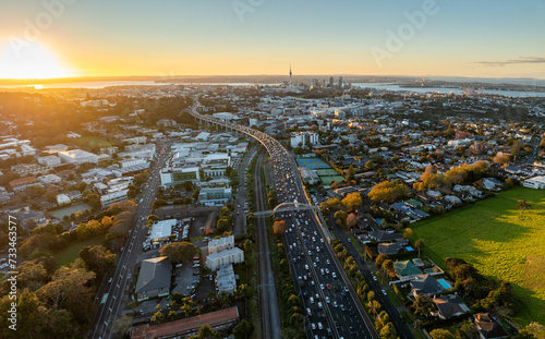 Motorway in  Auckland at sunset  New Zealand.