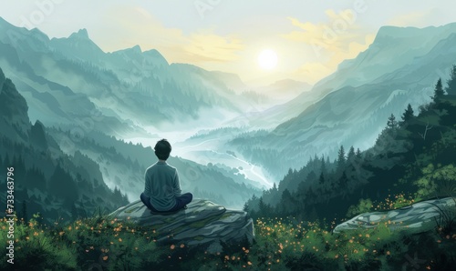panoramic view of a tranquil mountain landscape where a lonely yogi meditates while looking at the fog in the valley © Jam