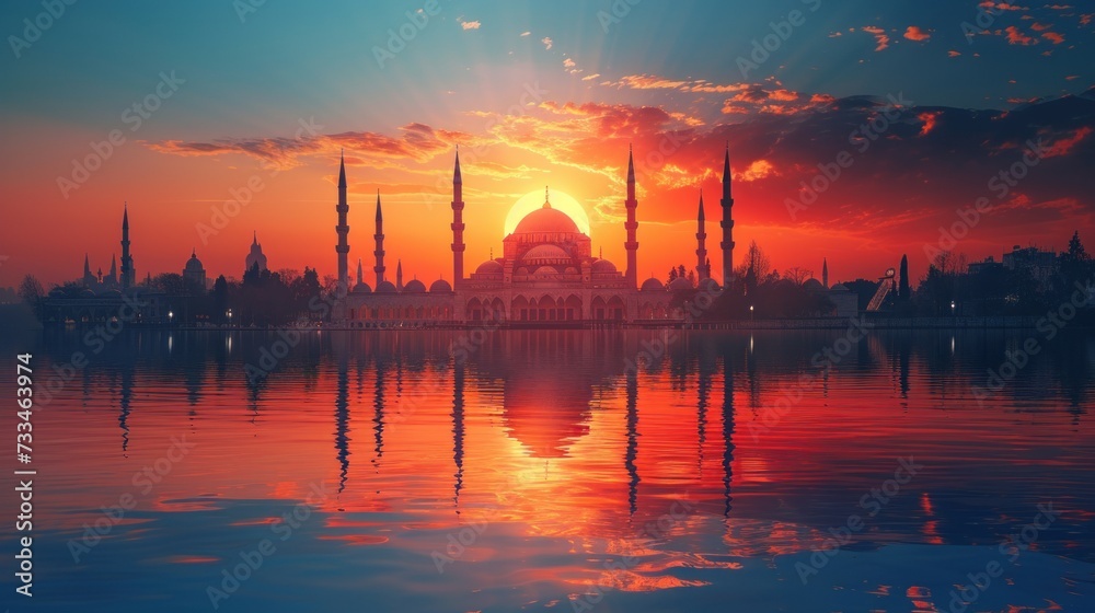 Tranquil sunset scene featuring a stunning mosque with tall minarets, casting beautiful reflections on the water, ideal for minimalist Islamic-themed laptop wallpapers