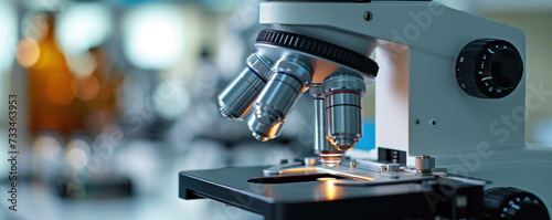 close-up of the lenses and slide of a modern high-powered microscope in a scientific laboratory