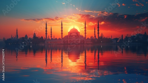 Tranquil sunset scene featuring a stunning mosque with tall minarets, casting beautiful reflections on the water, ideal for minimalist Islamic-themed laptop wallpapers