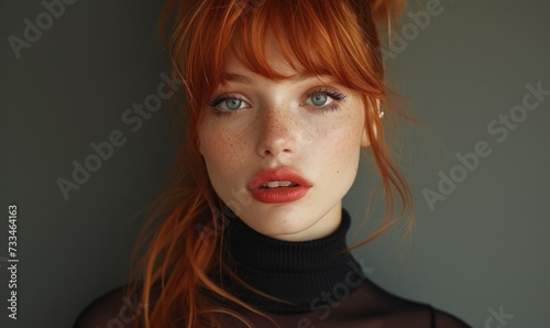 Wallpaper Mural redhead supermodel on dsrk background, stunning beauty model, high ponytail, bangs, shiny tight dress, toned body, thin waist, happy Torontodigital.ca