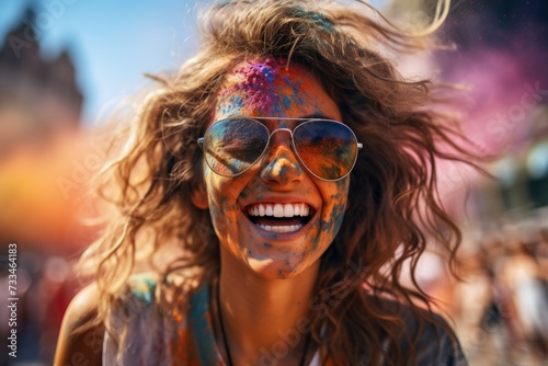 Smiling young woman in sunglasses at holi color festival, bright colors